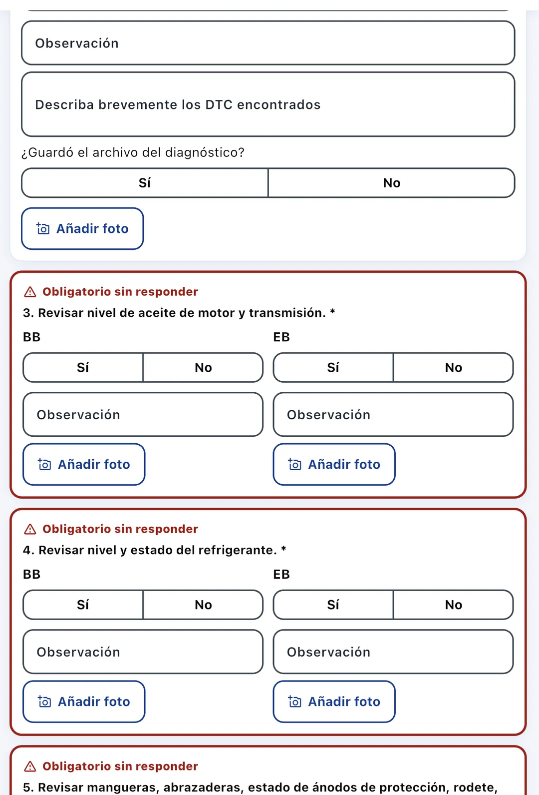 Checklist showing required items still to answer